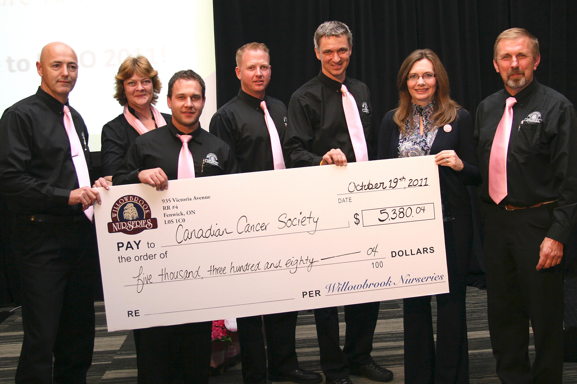 group of people holding a large donation cheque