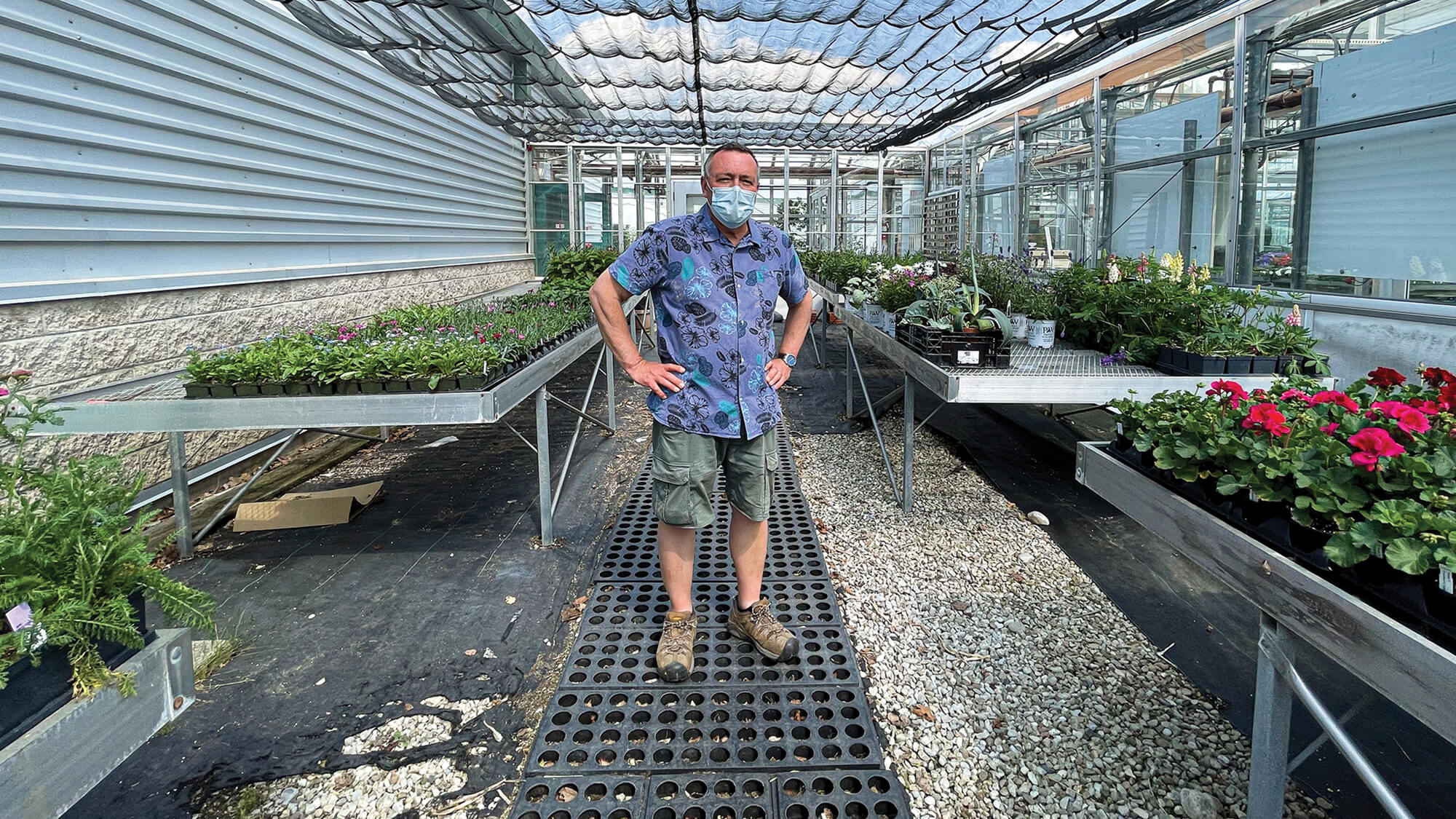 man standing in a greenhouse full of plants