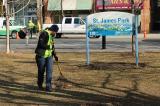 Volunteers began the clean up by raking the turf in the park.