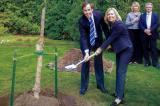 LO president Dave Braun and Jim Flahery’s widow Christine Elliot, MPP for Whitby-Oshawa, help plant a tree in a memorial to the former Canadian Finance Minister, while Durham Chapter director Mark Humphries and Nancy Shaw, president of Parkwood Historic Site, look on.