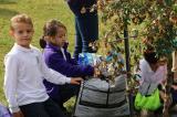 Students add mulch to one of 11 trees planted on the school grounds.