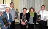 Ottawa Chapter handed out the inaugural Awards of Distinction at GreenTrade Expo. In photo, award recipients are, from left, Stacy Elliott, Bradley’s Commercial Insurance, winning Best Supplier to the Trade; Mostafa Fallah, Artistic Landscape Designs, for Best Plant Material Supplier; Sue Windover and Kelly Mulrooney-Cote, both of Geosynthetic Systems, winners of Best Accessories and Equipment Supplier; and Rob Redden, of Upper Canada Stone, Salesperson of the Year. Upper Canada also won Best Hardscape Supplier.