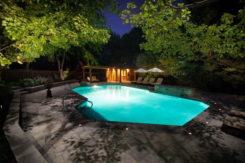 2012 - Landscape Lighting Design & Installation - Over $30,000 - Interlock lights outlining the pool for safety even when the pool lights are turned off. The shadows cast onto the patio have a dynamic effect in even the slightest breeze.