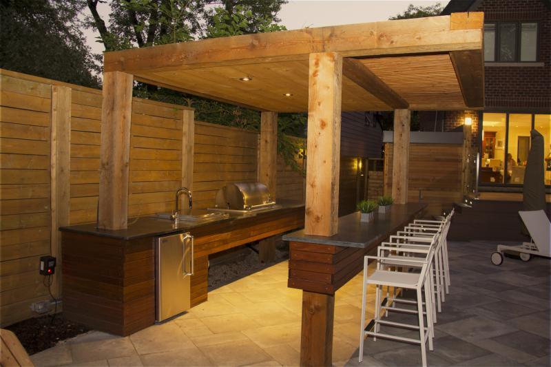 2016 - Residential Construction - $250,000 - $500,000 - Douglas Fir pergola with floating kitchen and counters made of IPE and soapstone counters. Complete with appliances, bar stools and lighting for this beautiful evening