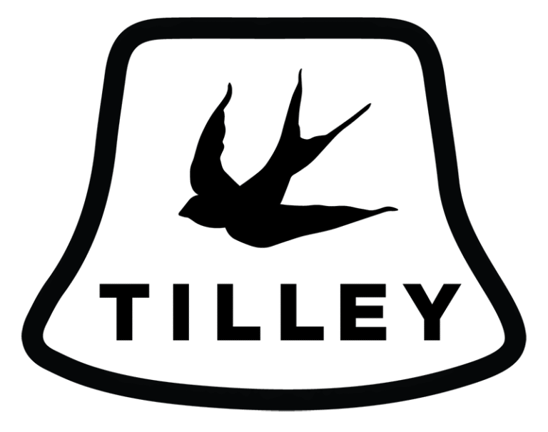 Black and white Tilley logo containing a bird with the outline of a hat