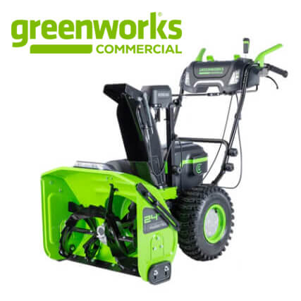 green and black snow thrower with the greenworks commercial logo