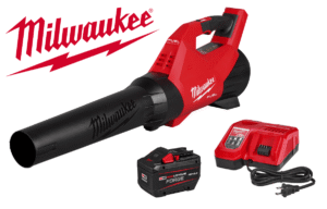 A red and black Milwaukee blower with battery and charger