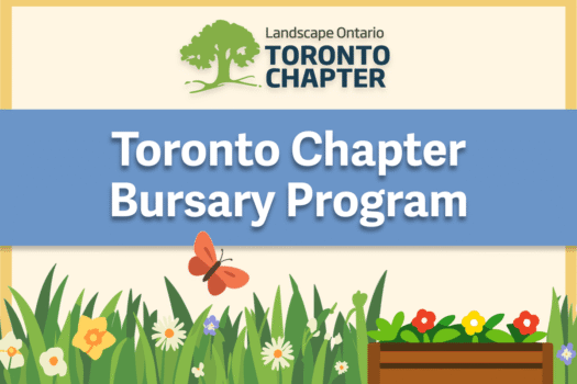graphic for Toronto Chapter Bursary Program with an illustration of flowers, a butterfly and raised garden bed