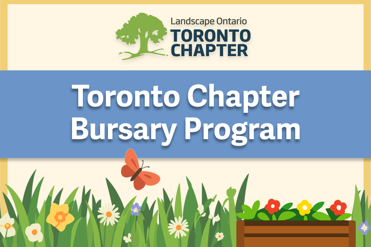 graphic for Toronto Chapter Bursary Program with an illustration of flowers, a butterfly and raised garden bed