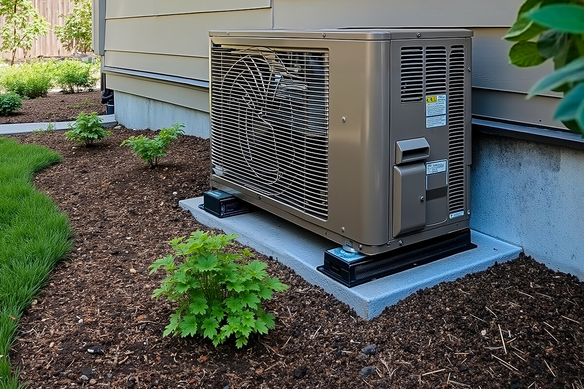 A heat pump at the side of a house in a small garden with mulch on the ground