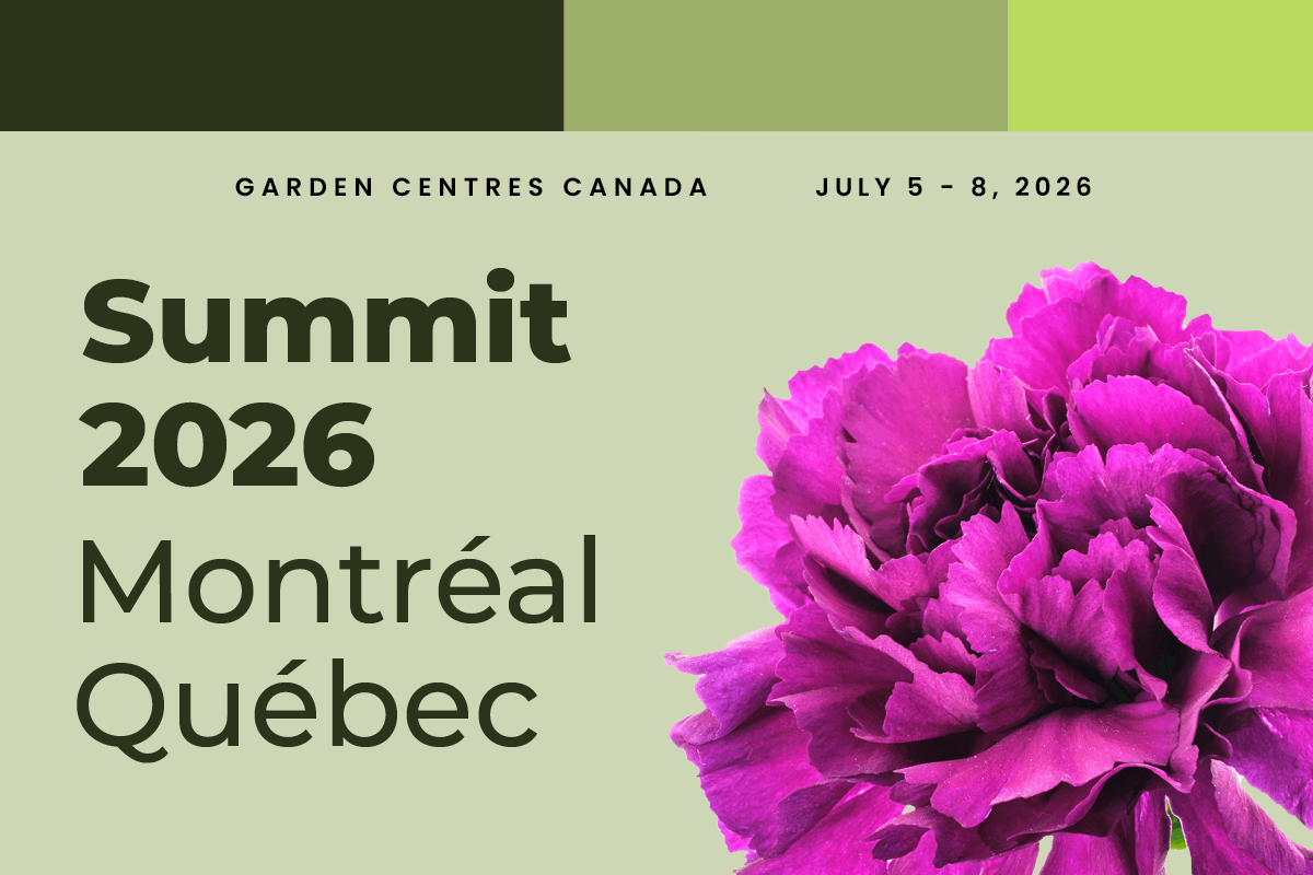 Garden Centre Summit 2026 graphic with a pink flower