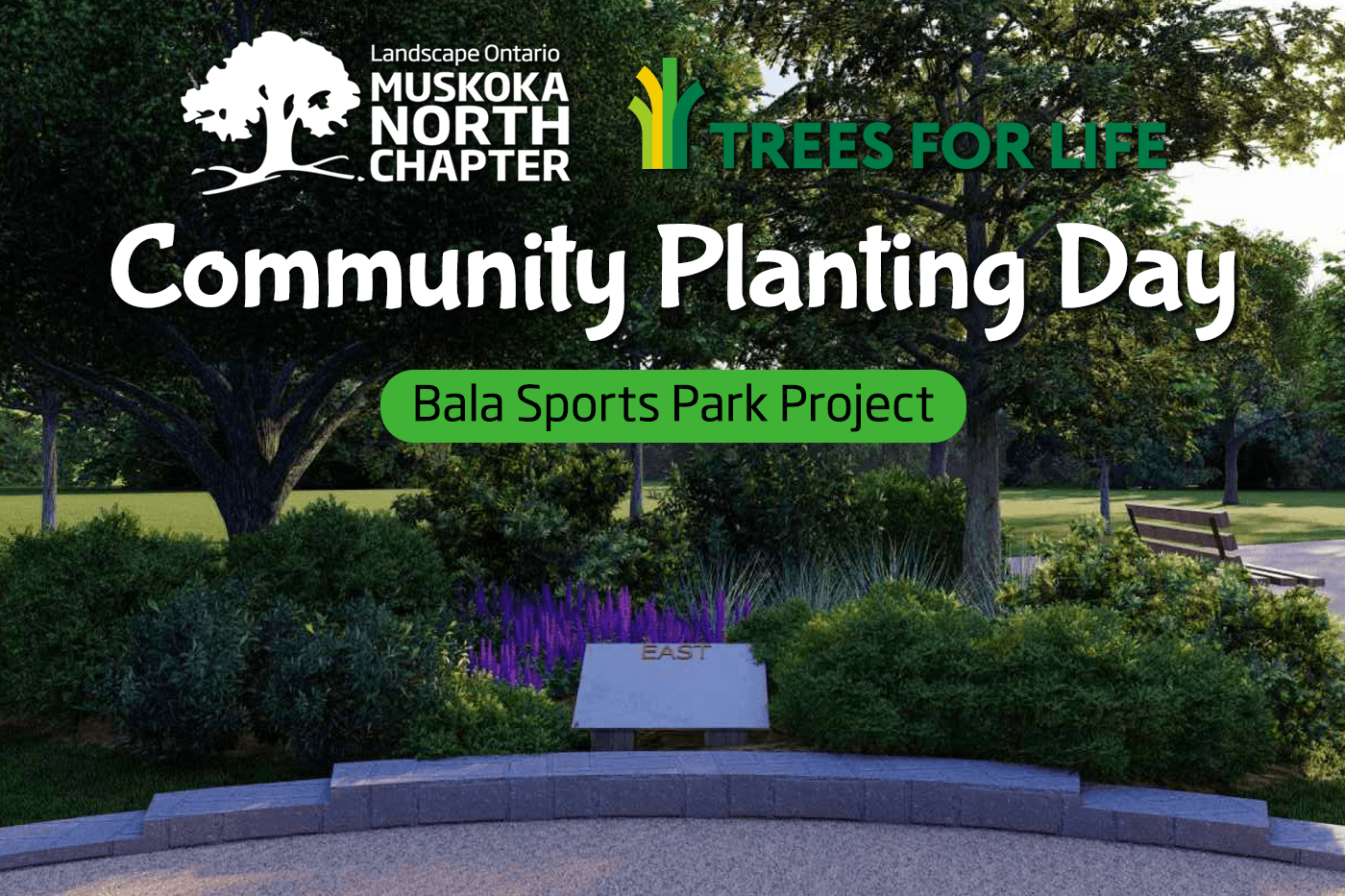 Graphic for a Community Planting Day with a rendering of a park
