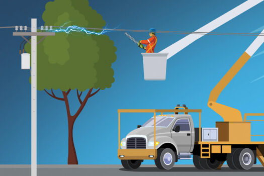 A graphic showing a person in a bucket truck working on a tree near a hydro pole
