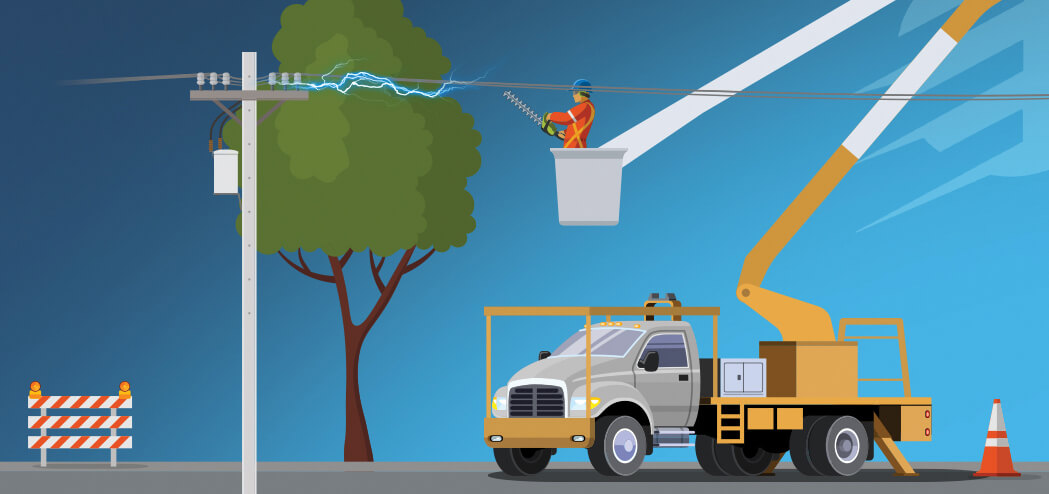 A graphic showing a person in a bucket truck working on a tree near a hydro pole