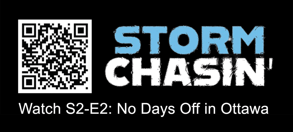 A QR code and the Storm Chasin' logo in white and blue