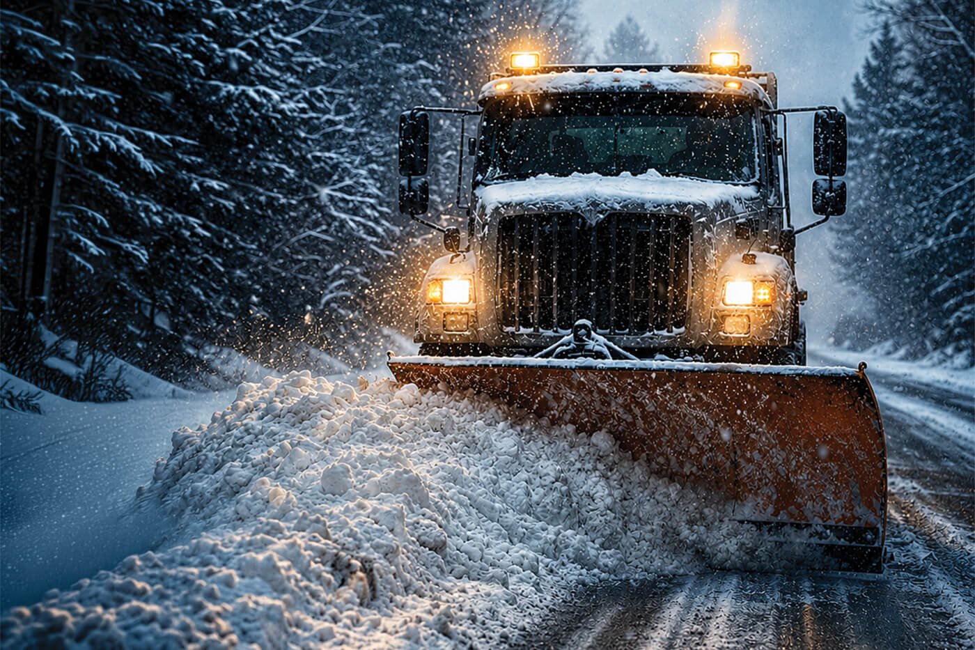 A snow plow on a country road at night