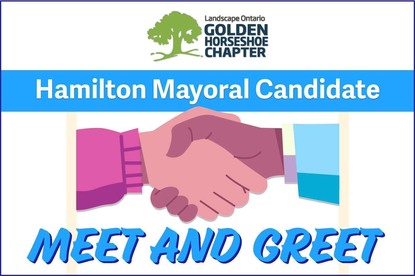 A graphic for a meet and greet with a drawing of two hands shaking